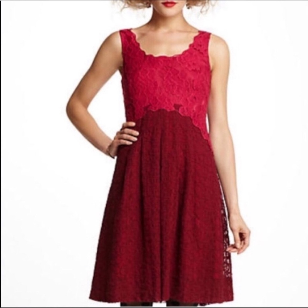 Anthropologie Moulinette Soeurs Carmindy Colorblock Red Maroon Lace Dress Size 2